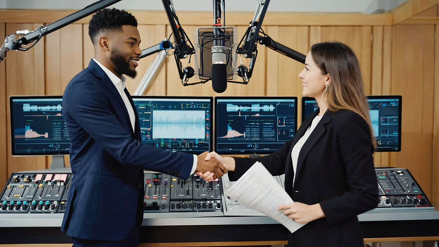 Gen4 Create an image that shows a radio station with 2 businesspeople shaking hands T a-2,