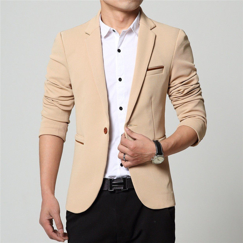 Men's slim fit tan blazer suit jacket with white shirt.
