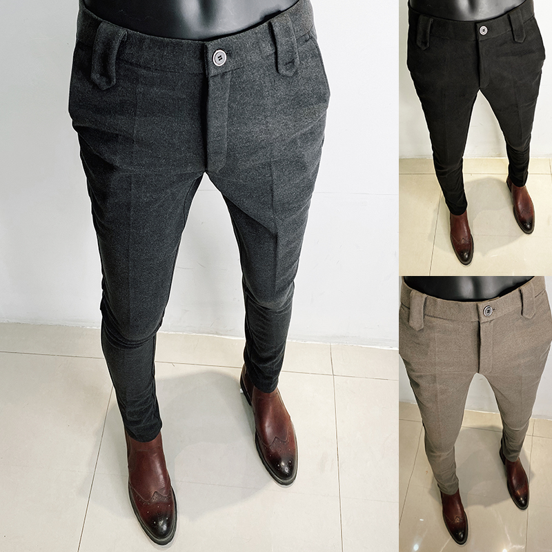 Men's slim-fit trousers in charcoal, black, and tan.