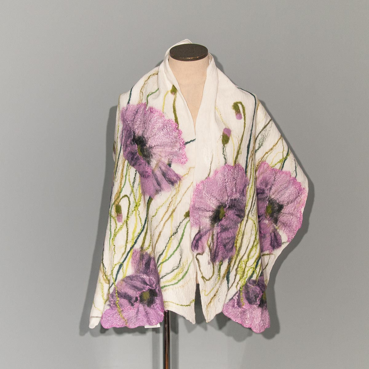 Felted scarf Purple Poppy on White