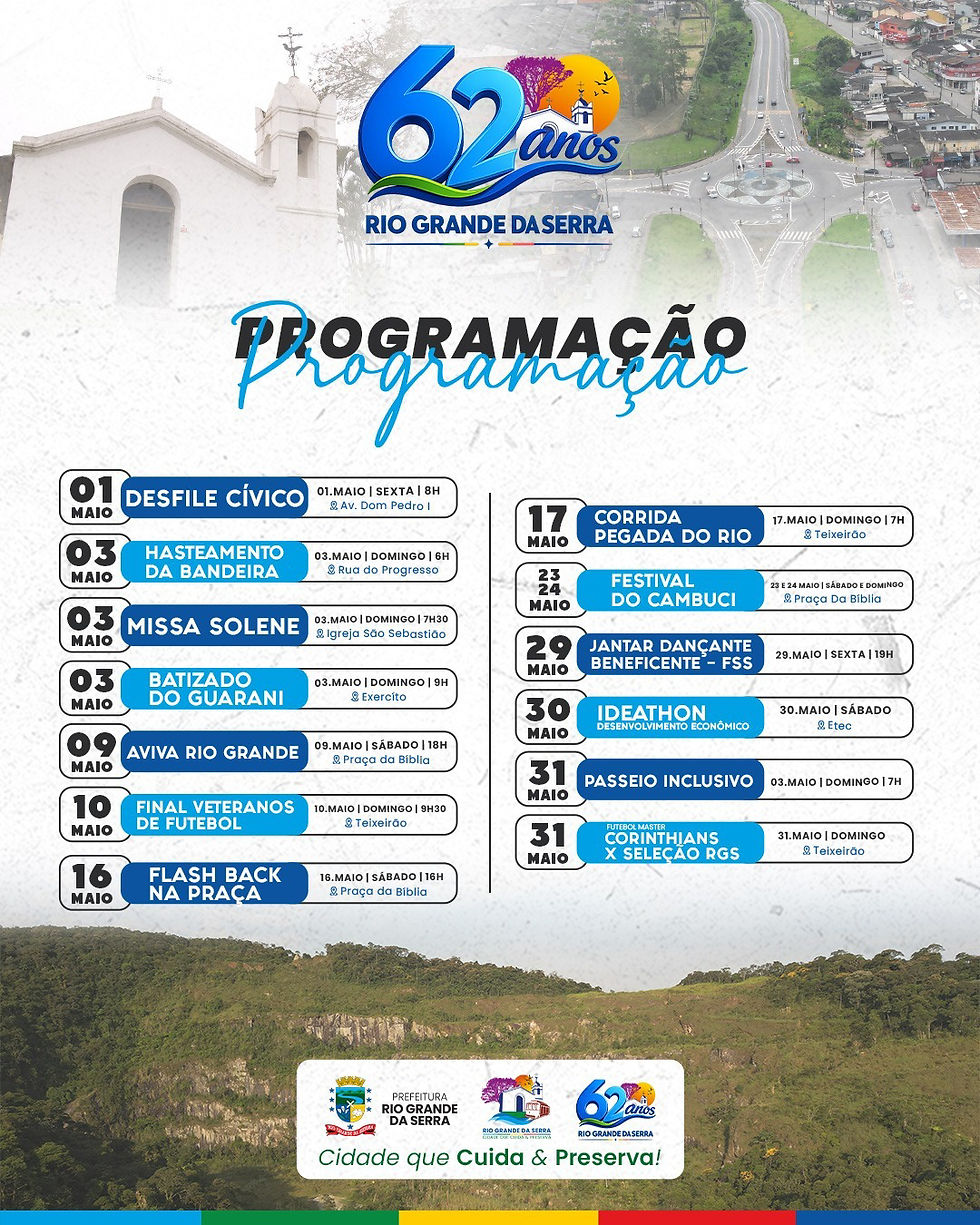 Prefeitura de Rio Grande da Serra divulga programação especial em comemoração aos 62 anos da cidade