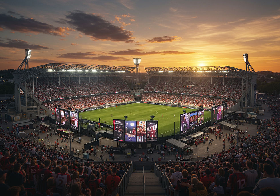 Sunset over a packed soccer stadium with fans in red jerseys. Bright floodlights illuminate the field. Electronic screens display match info.