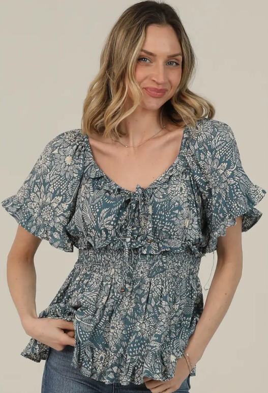 Smocked Waist Tie Detail Waist Top