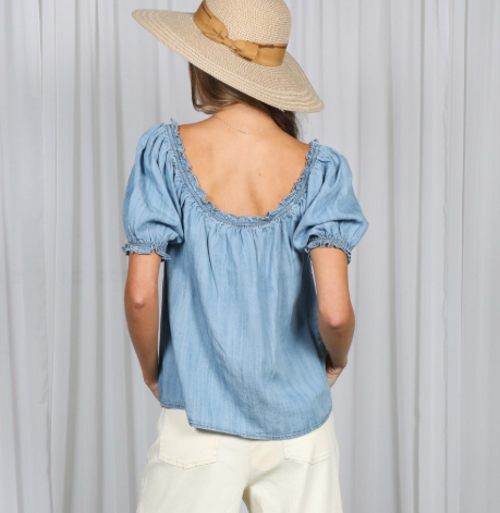 Thumbnail: Ruffled Short Puff Sleeve Chambray Top