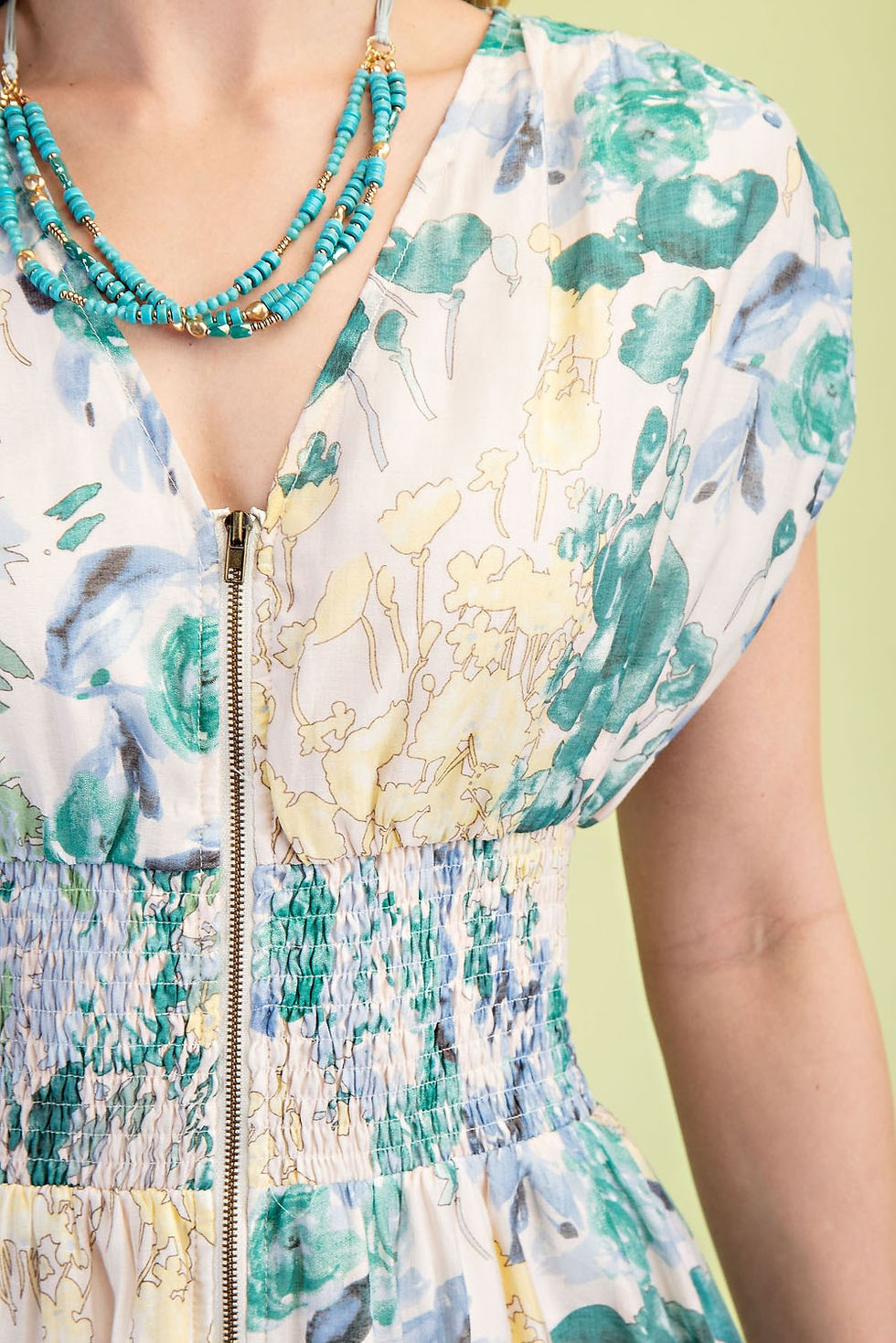Thumbnail: Floral Midi Dress with a Front Zipper and Smocked Waist