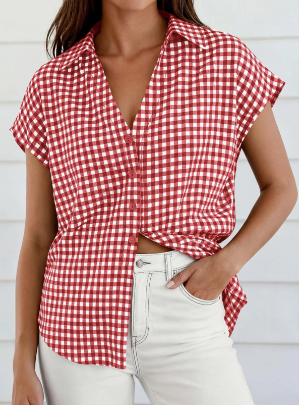 Thumbnail: Red Gingham Button Loose Fit Down Top