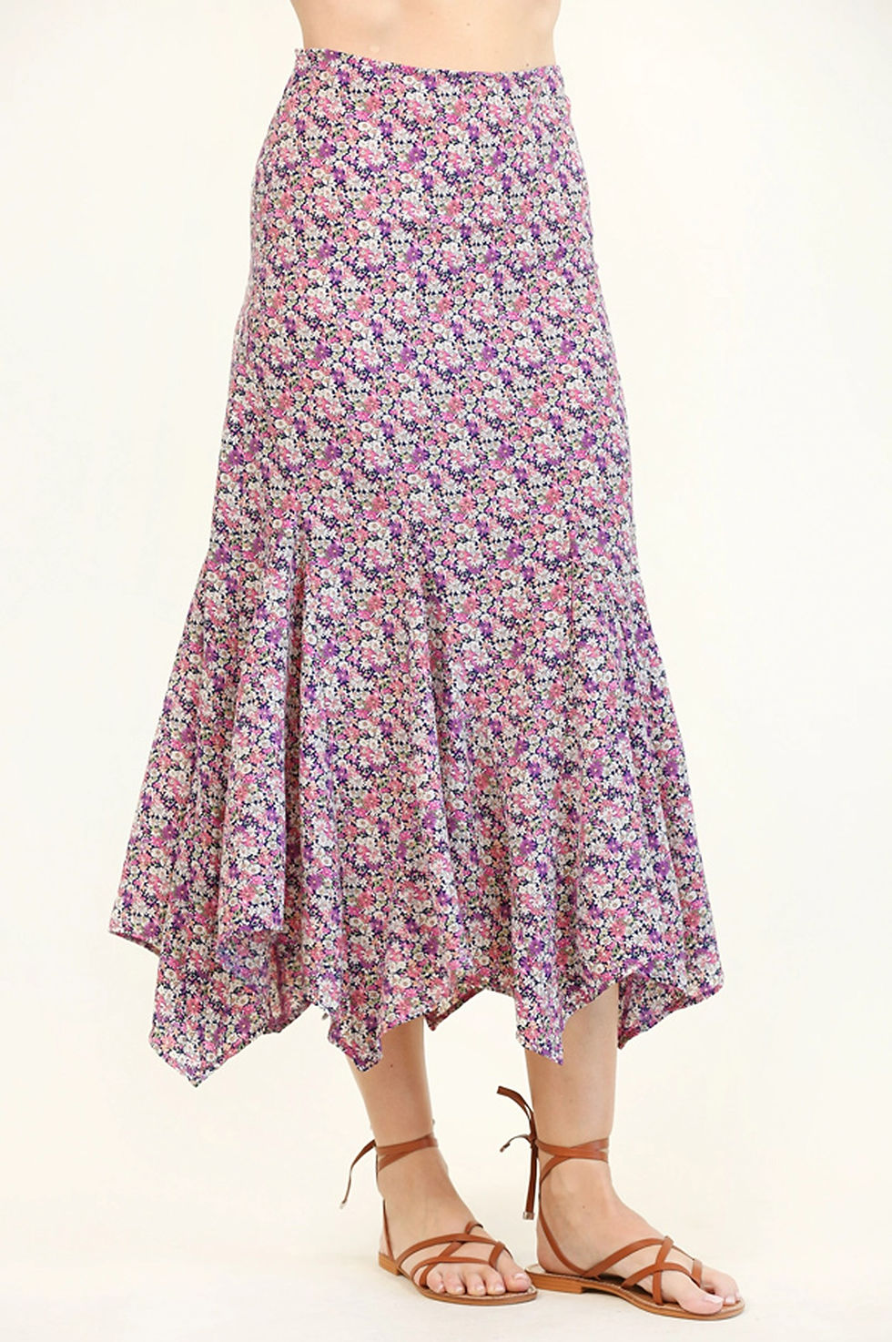 Thumbnail: Floral Printed Asymmetric Midi Skirt - Pink/Purple