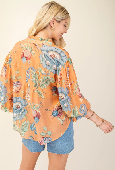 Thumbnail: Floral Print Top with Piping Detail and Gathered 3/4 Balloon Sleeves - Orange