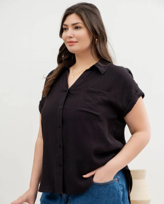 Thumbnail: Button Down Short Sleeve Top with Tab Detail on Sleeve - Black