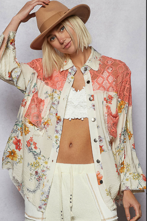 Thumbnail: Mixed Media Peach Mix Button Up Top