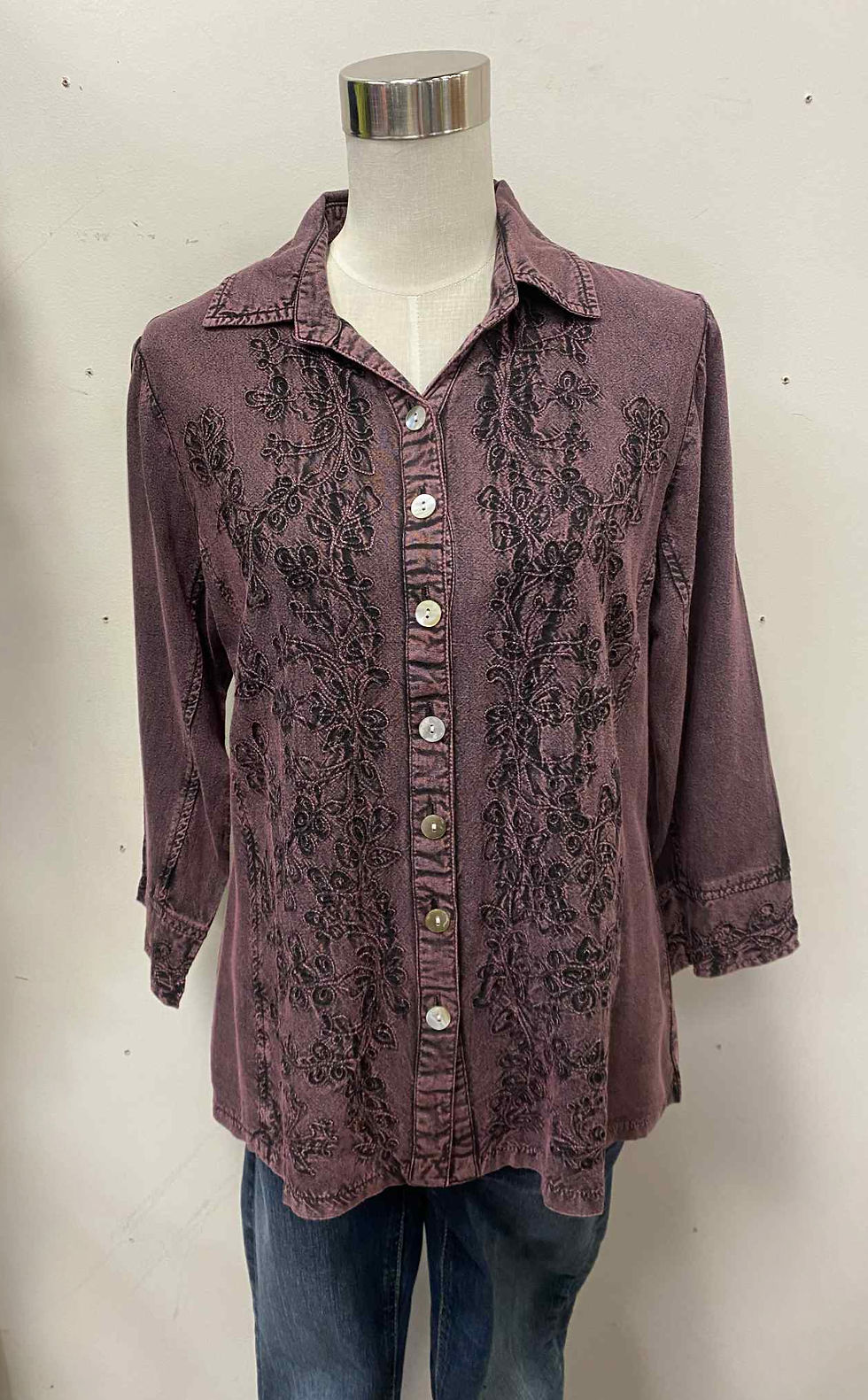 Thumbnail: Embroidered 3/4 Sleeve Button Up Top