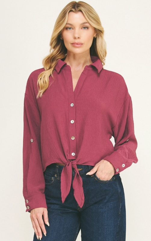 Tie Front Collared Button Up Crop Length Top - Wine