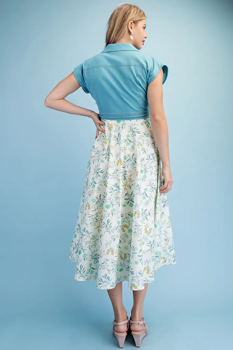 Thumbnail: Linen and Floral Print Half Button Dress with Stitching Details and a Tie Waist