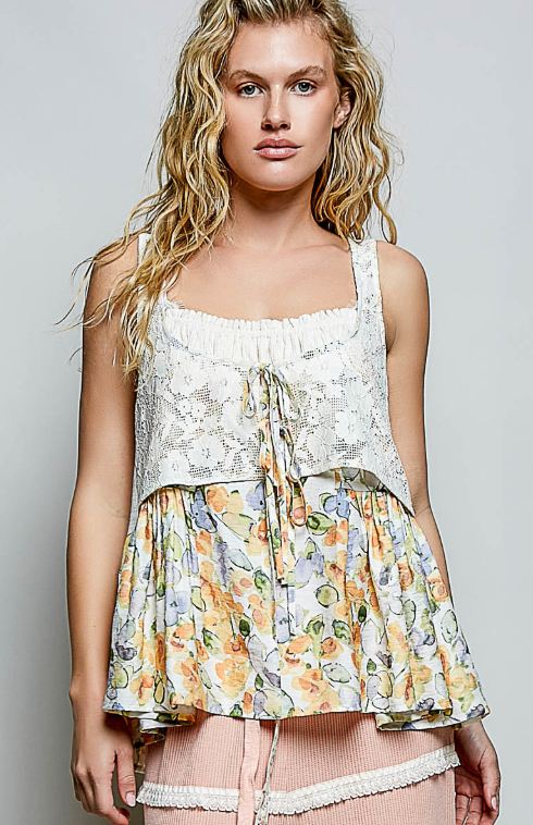 Mixed Media Tank with Lace and Tie Details