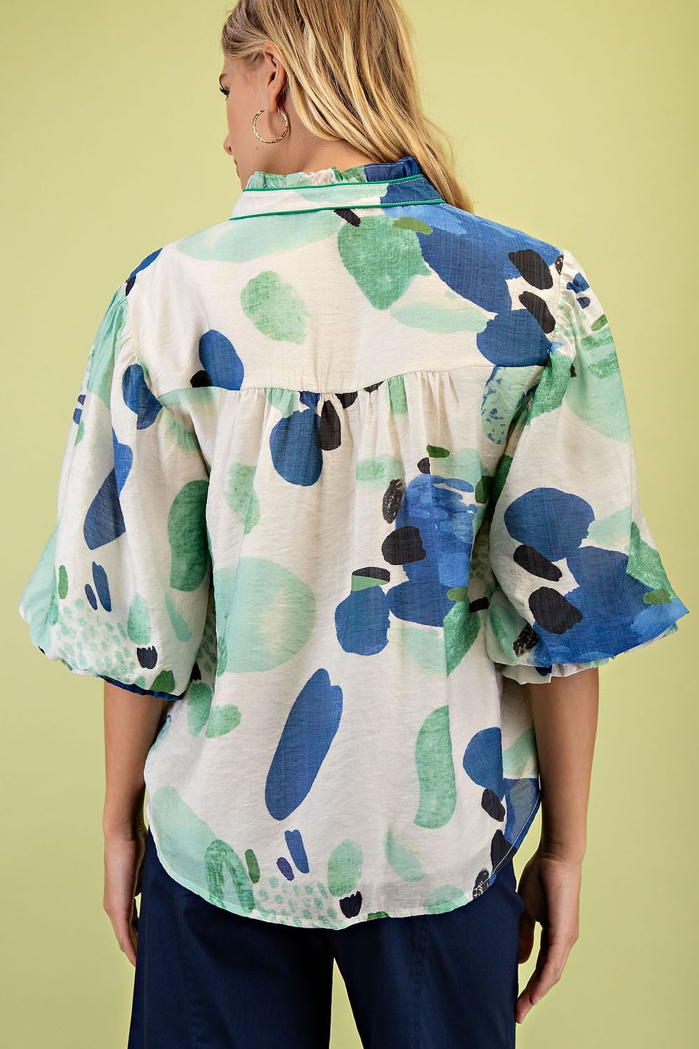 Thumbnail: Abstract Top with Piping Detail and Gathered Balloon Sleeves - Blue/Green