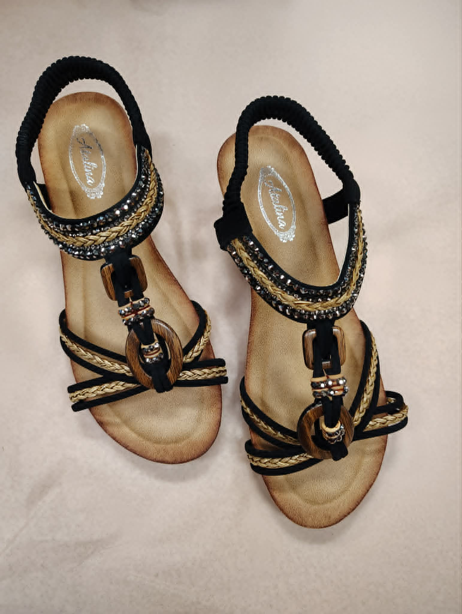 Black and Tan Sandal with Wood and Rhinestone Details