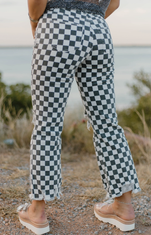 Thumbnail: Distressed Checkered Flag Jeans