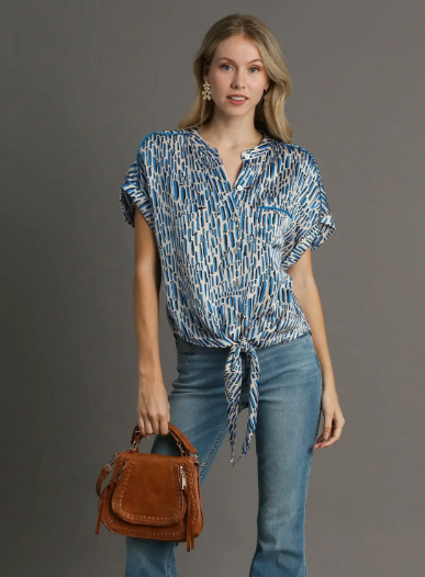 Thumbnail: Satin  Short Sleeve Button Front Top with Tie Front and Chest Pocket