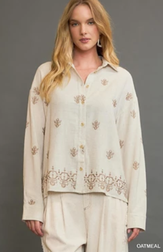 Linen Blend Embroidered  Button Up Top
