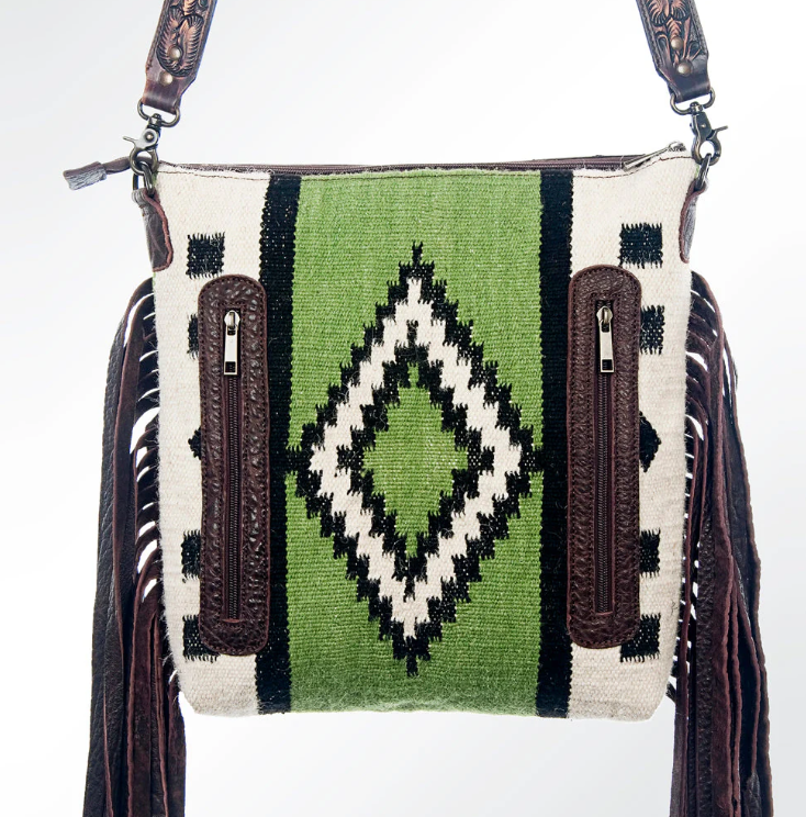 Thumbnail: Green Aztec Wool & Tooled Leather Crossbody Bag - Western Fringe Shoulder Purse