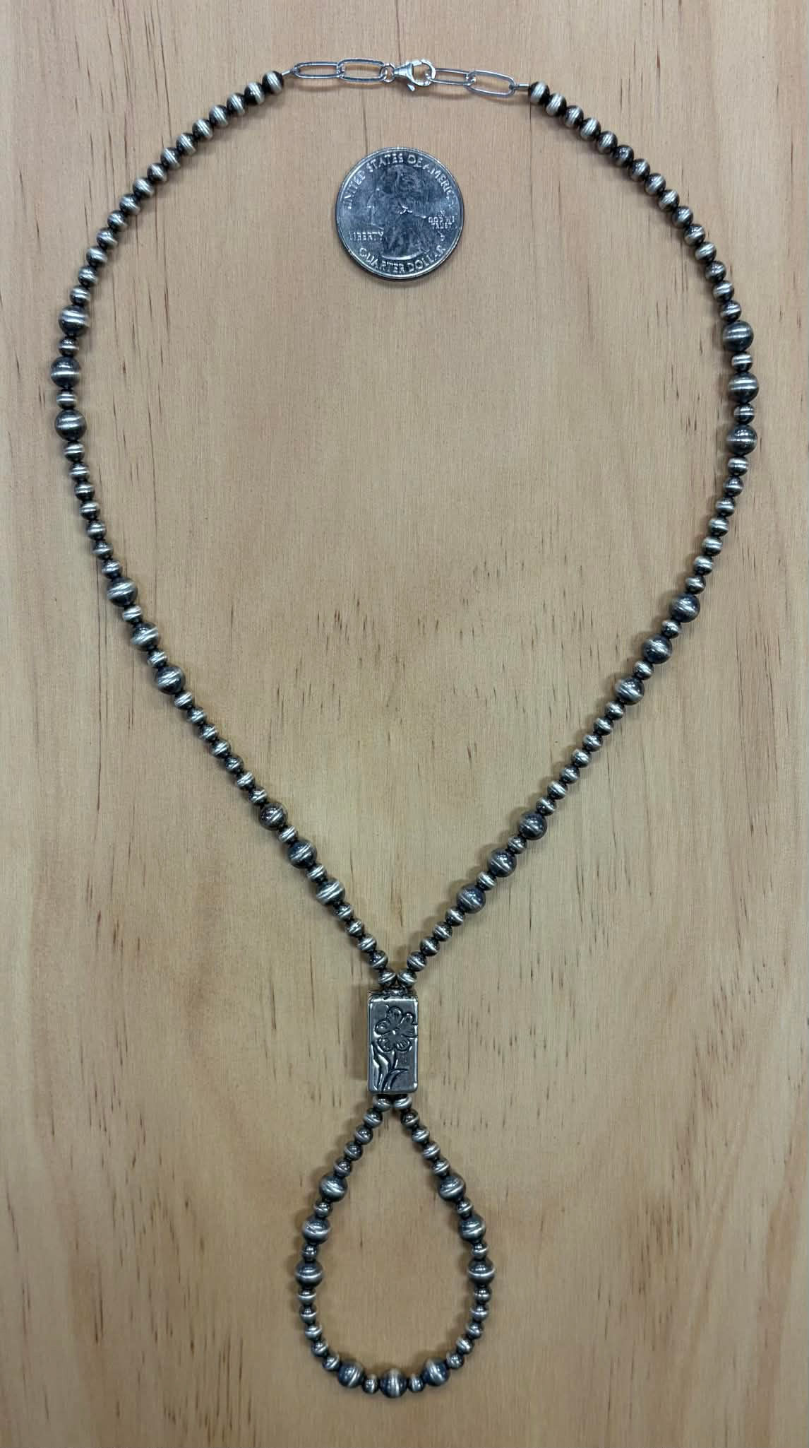4mm and 6mm Sterling Silver Pearl with Stamped Barrel Bead Lasso Necklace - 24"