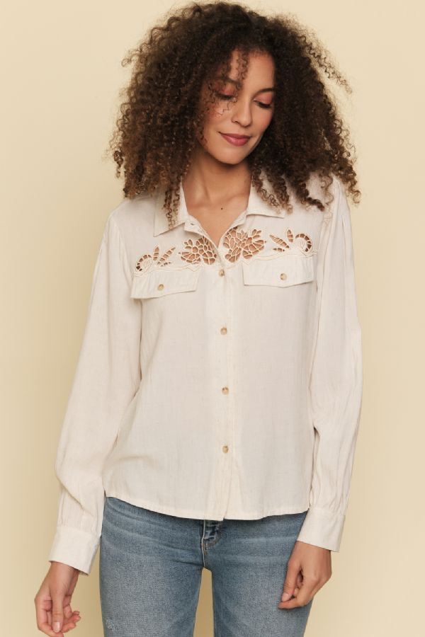 Linen Blend Embroidered Yoke Button Up Shirt