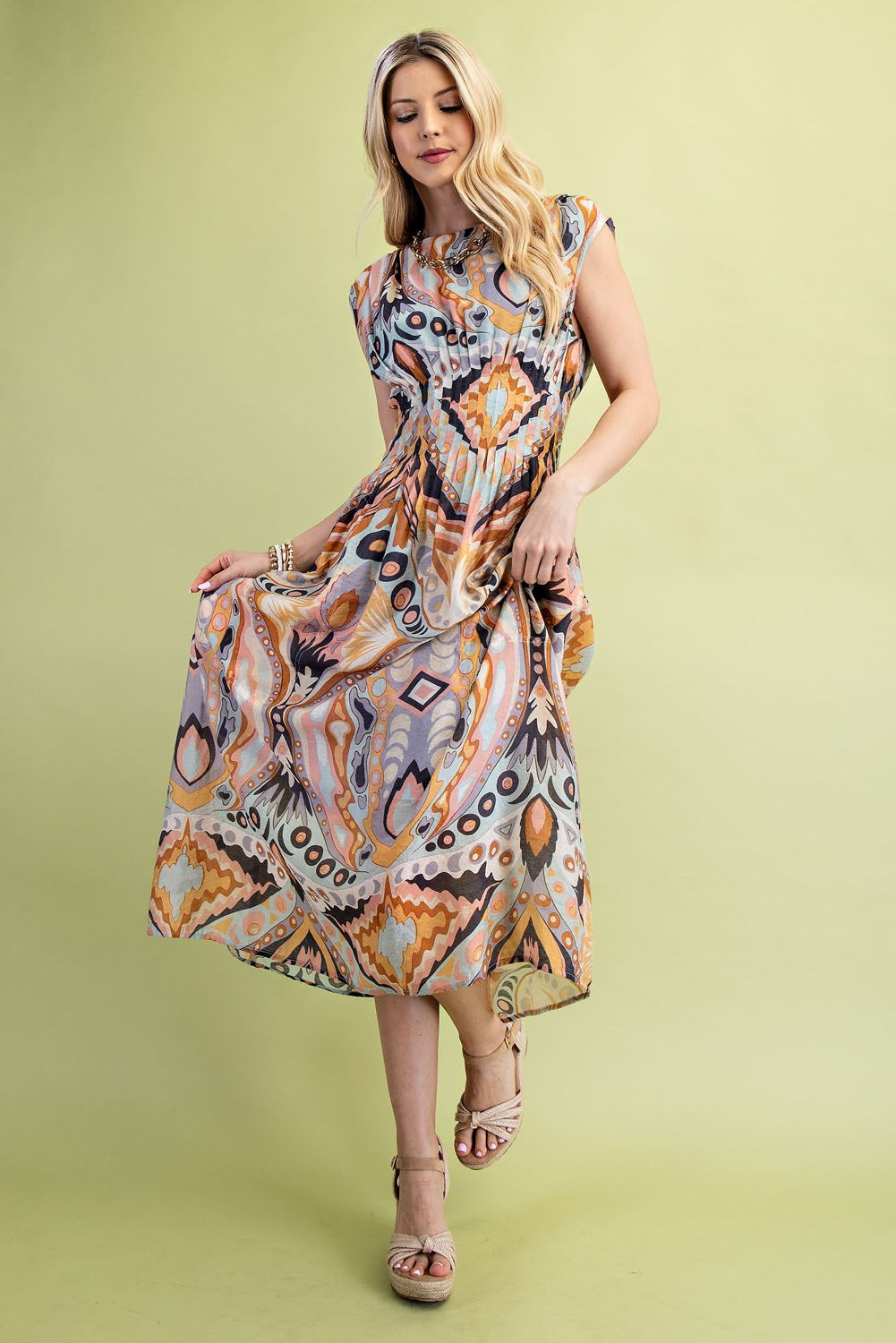 Printed Cap Sleeve Midi Dress with a Pintucked Waist and Smocking on Back
