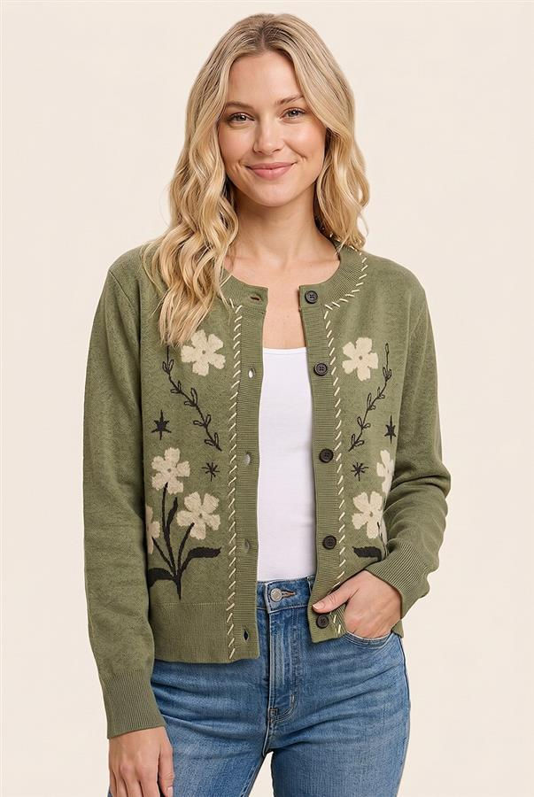 Thumbnail: Flower Jacquard Stitch Detail Button Down Cardigan