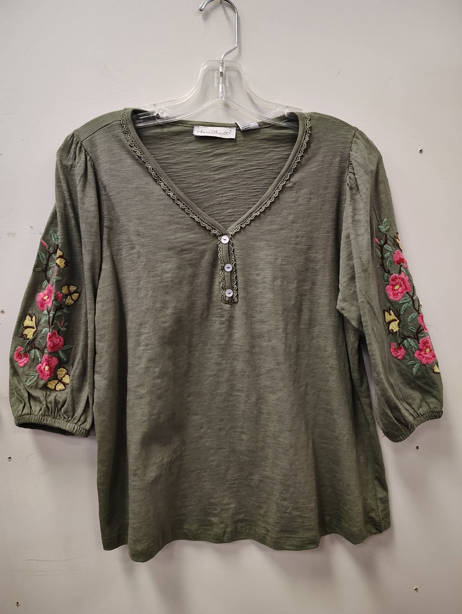 Cotton Blend 3/4 Sleeve Tee with Embroidered Sleeves - Olive