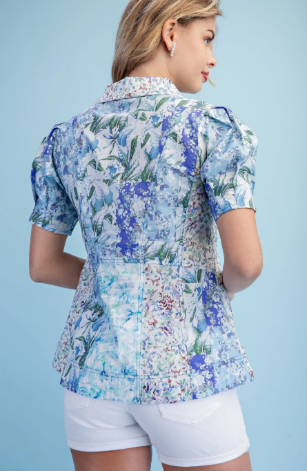 Thumbnail: Floral Print Button Down Shirt with Seam Details and Pleated Sleeve