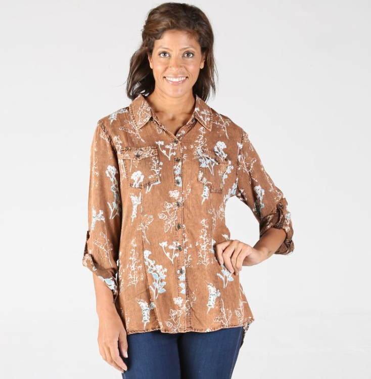 Fall Floral Print Button Up Long Sleeve Top with Tie Back Detail - Brown