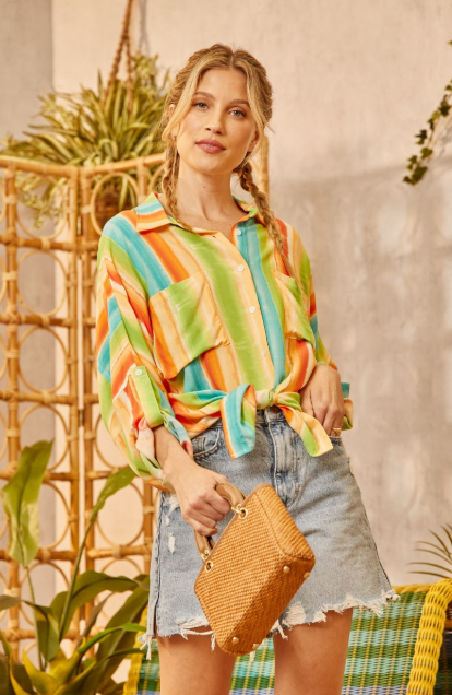 Thumbnail: Striped Oversize Top with Front Pockets and Roll Up Sleeve Option