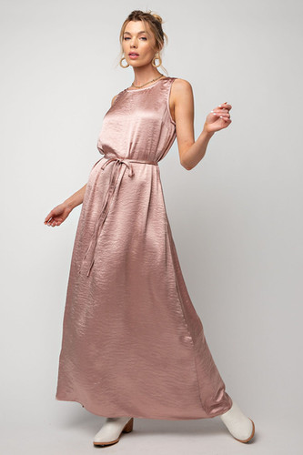 slim fit dress slacks Long Sleeve Draped Satin Gown with Rhinestones and High Slit – Rose Gold &  Eggplant main image 1