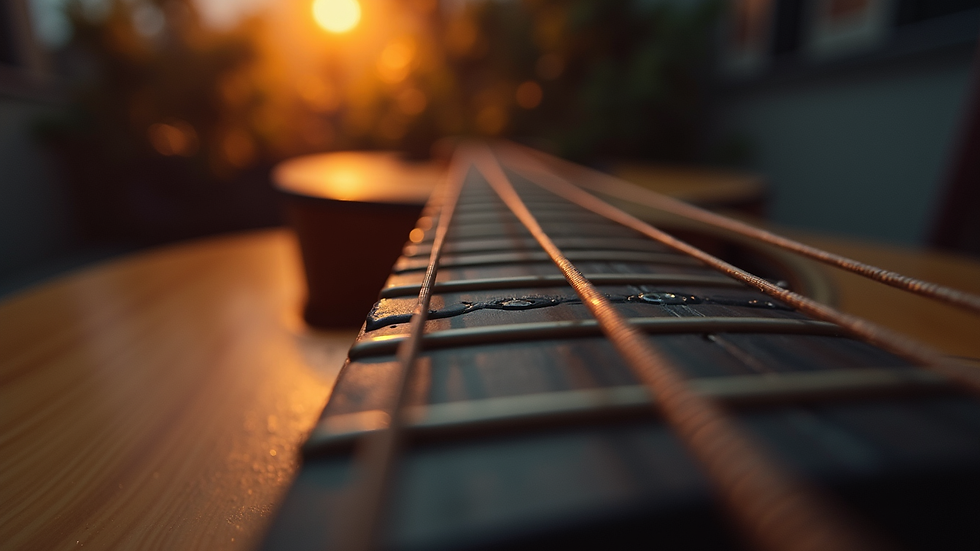 Eye-level view van een gitaar met een tabblad ernaast