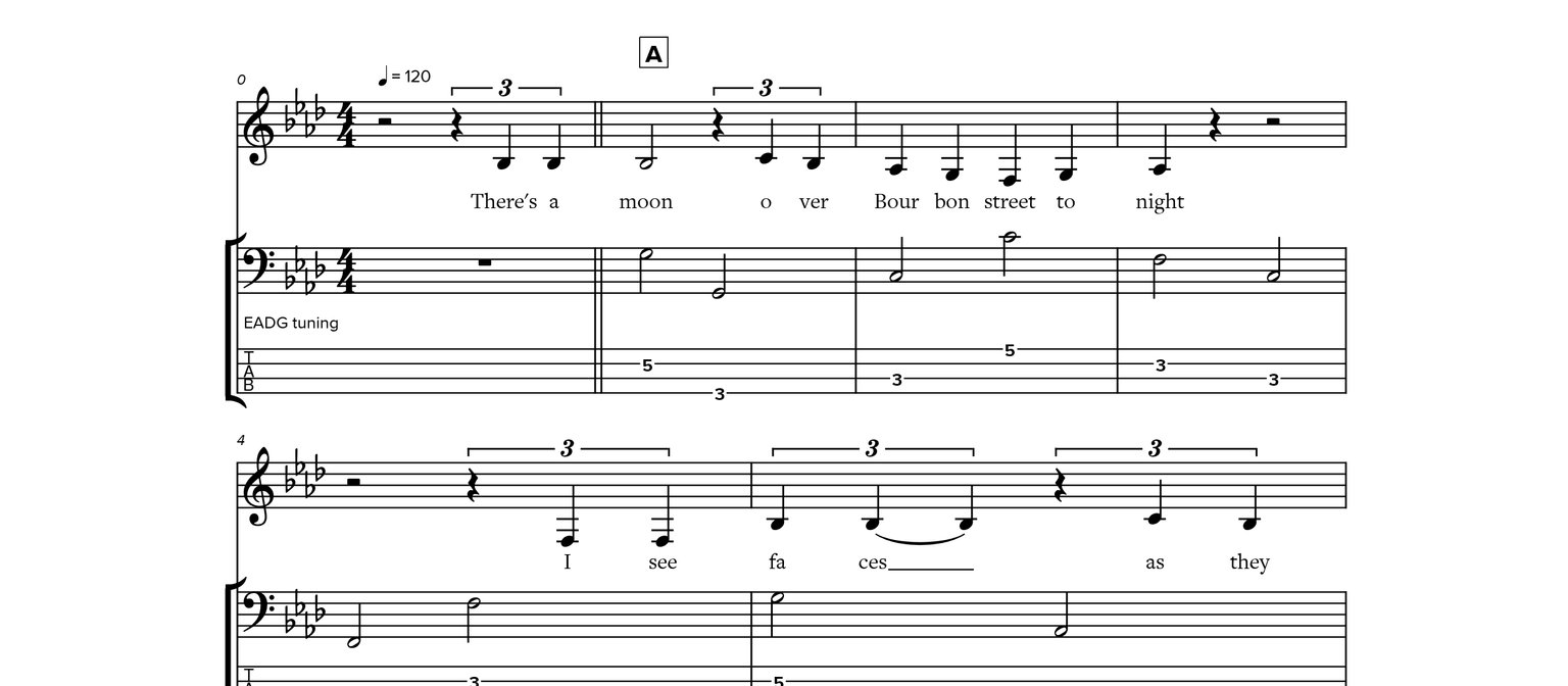 Notatie van Moon over Bourbon Street (Bass tab)