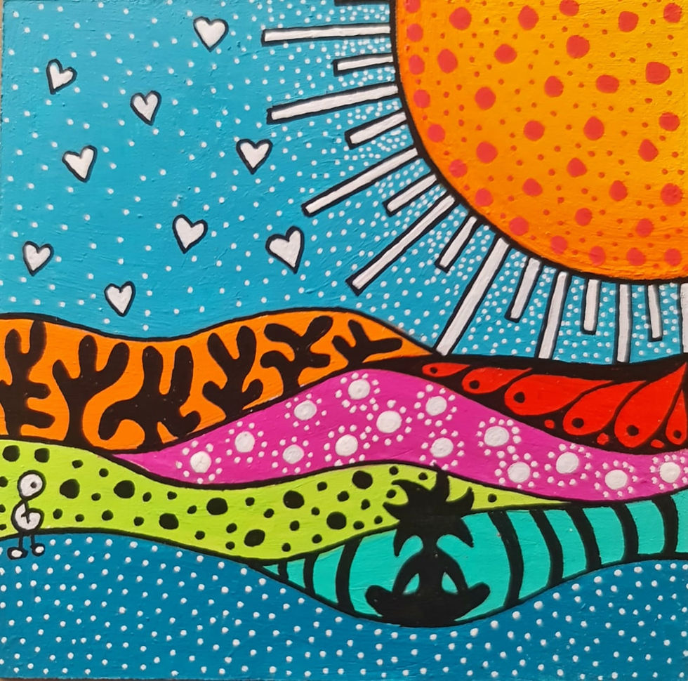 Silhouette zen paysage tons rouge bleu vert avec soleil rayons noirs et blancs Tableau peinture acrylique