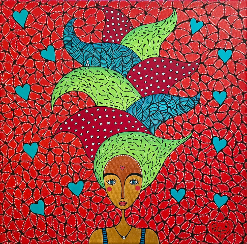 Femme coiffe rouge et anis fond rouge avec coeurs bleus Tableau peinture acrylique