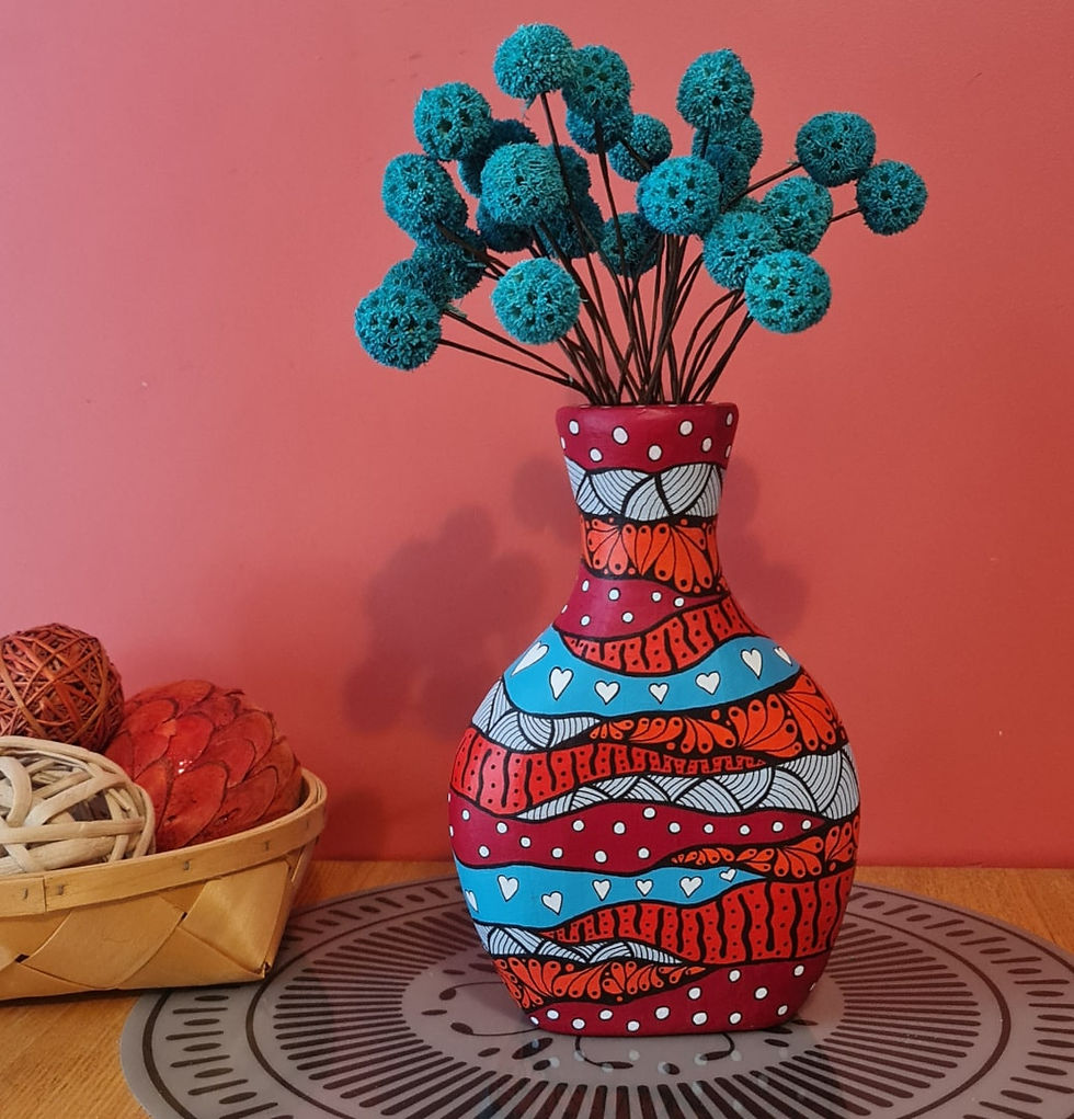 Miniature : Vase papier mâché peint en rouge, orange, gris et bleu. Volume peinture acrylique