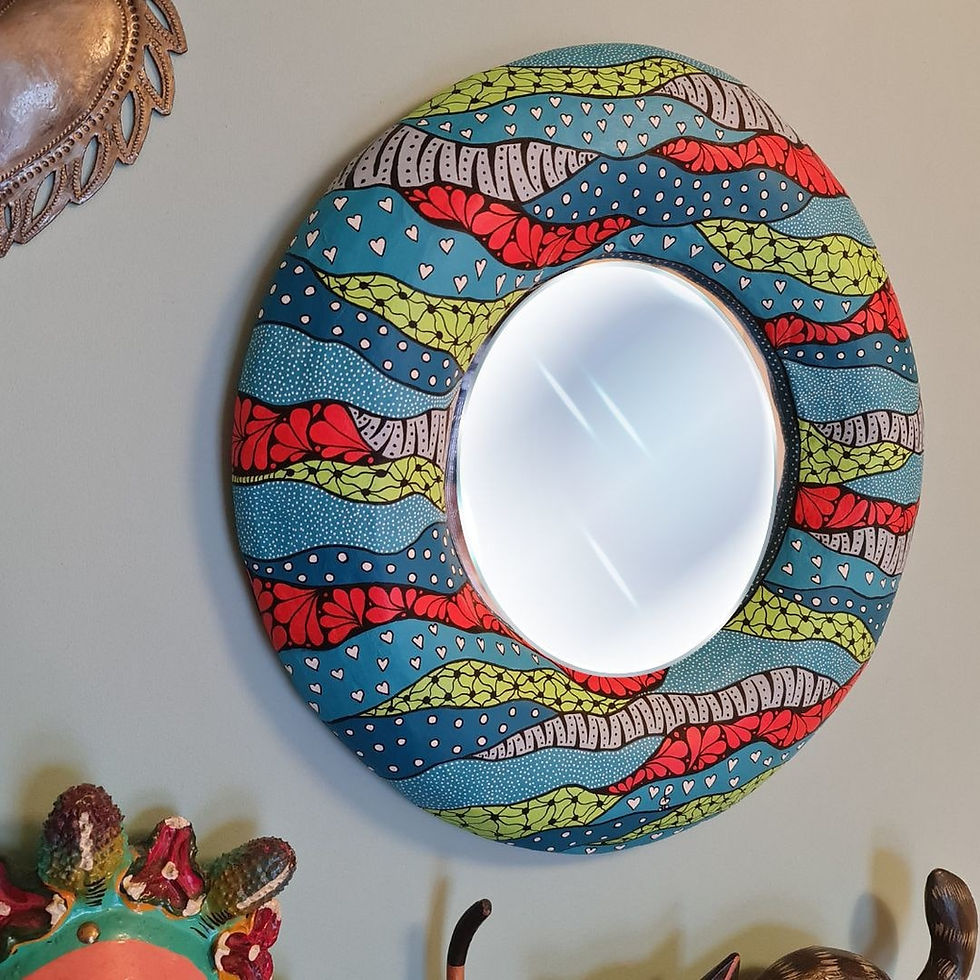 Miniature : Miroir papier mâché peint en bleu, gris, vert anis et orange. Volume peinture acrylique
