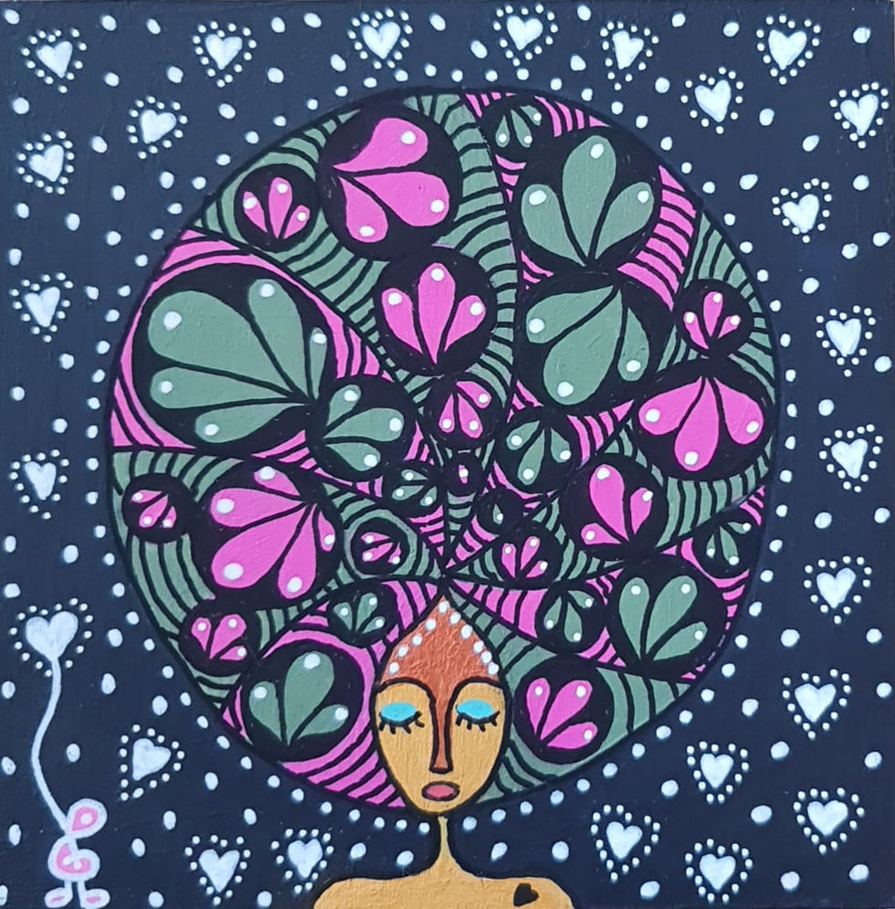 Femme coiffe rose et kaki. Fond noir avec coeurs blancs. Tableau peinture acrylique