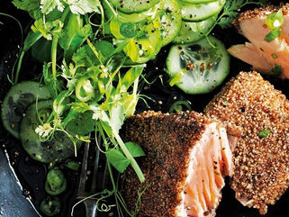 Dukkah-crusted salmon with cucumber and chilli salad