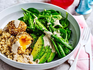 Healthy breakfast bowl with dukkah eggs and quinoa