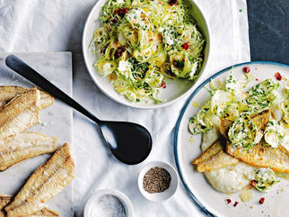 Whiting with sprout salad and cauliflower puree