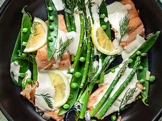 Pan-fried trout and spring vegetables