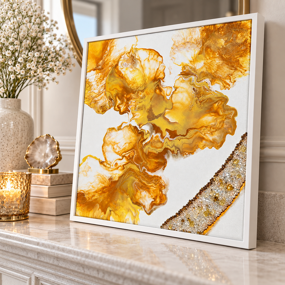 November Golden Citrine Birth Month Art in a thin white frame displayed on a contemporary mantelpiece