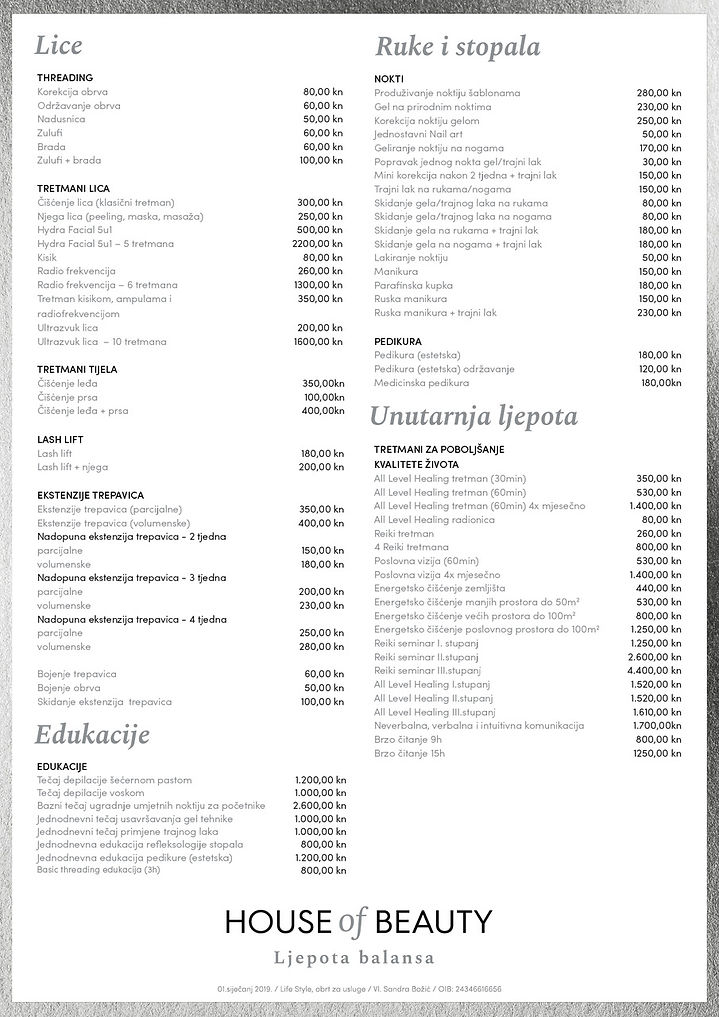 HOUSE OF BEAUTY CJENIK USLUGA 2/2.
