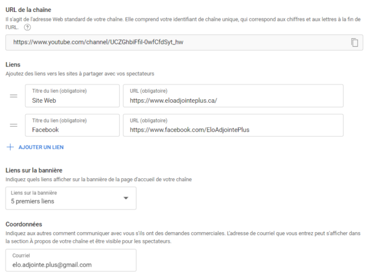 Imprime écran de la section des liens de la chaîne YouTube @eloadjointeplus