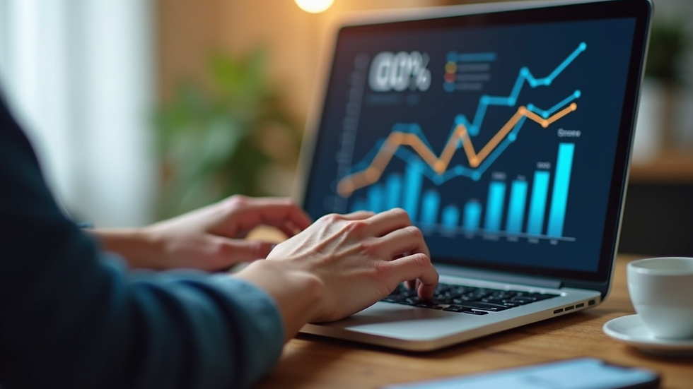 Eye-level view of a person typing on a laptop with marketing graphs on screen