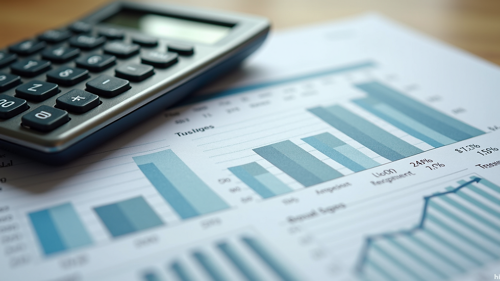 High angle view of a calculator and marketing budget spreadsheet