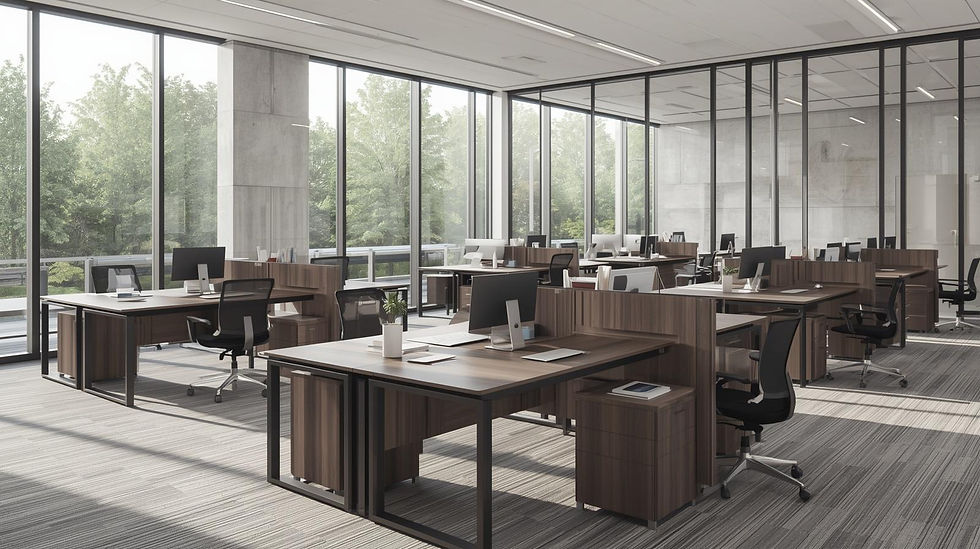 Professional business office space with glass windows brown desks that has computers.jpg